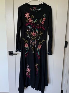 Johnny Was Black Long-Sleeve Maxi Dress with Pink & Green Floral Embroidery